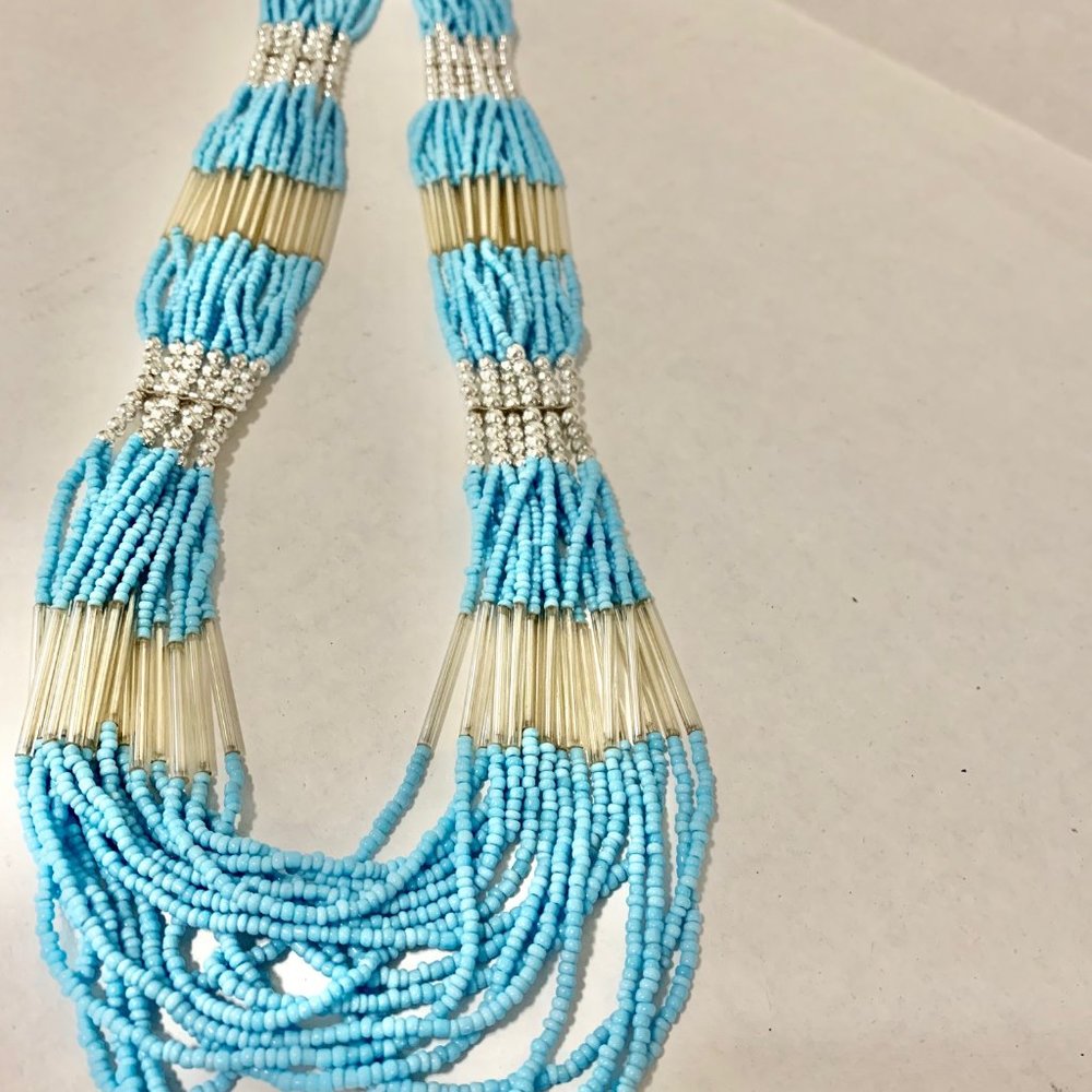 Vintage Native Blue Seed Bead Statement Necklace, Blue Beaded Necklace, Handmade - Picture 8 of 14